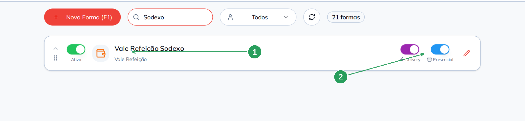 Forma de recebimento nova na listagem com Delivery e Presencial ligados