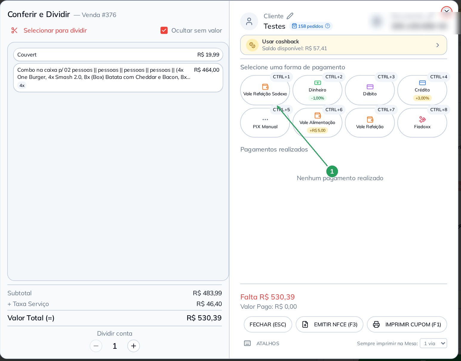 Forma de recebimento disponível no pagamento de uma mesa