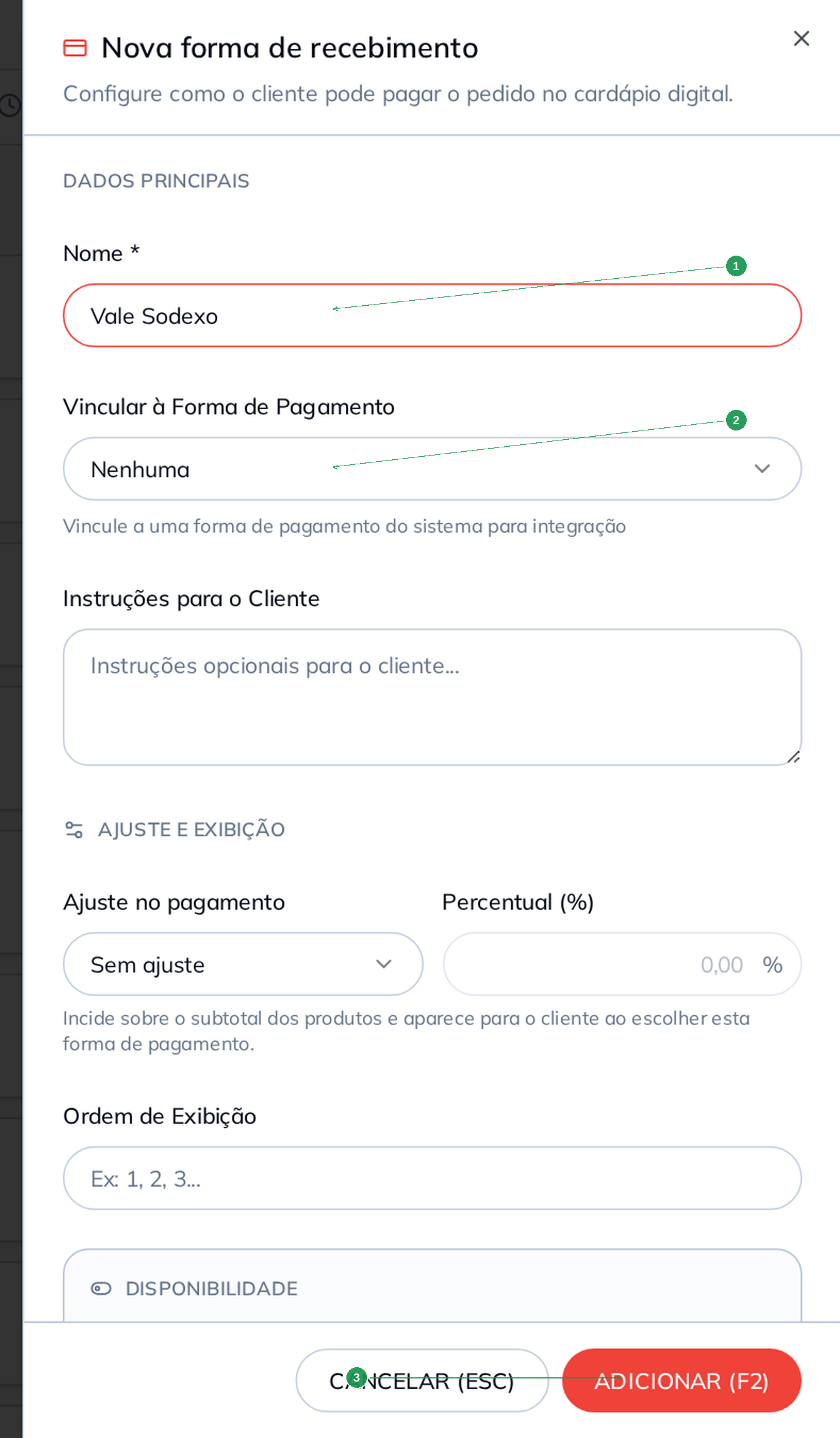 Modal para adicionar forma de recebimento no Cardápio Digital