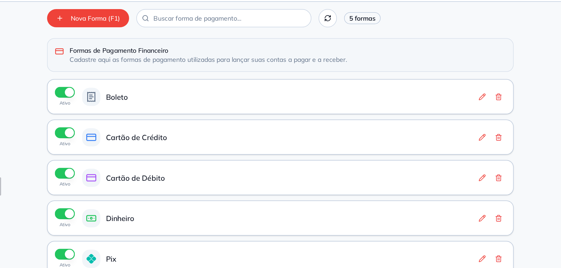 Tela Formas Pagamento do módulo Financeiro