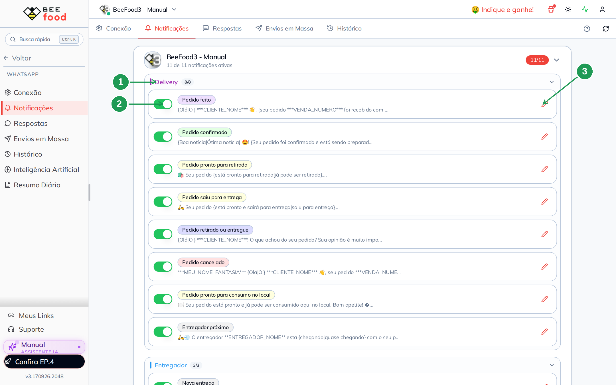 A lista de notificações automáticas