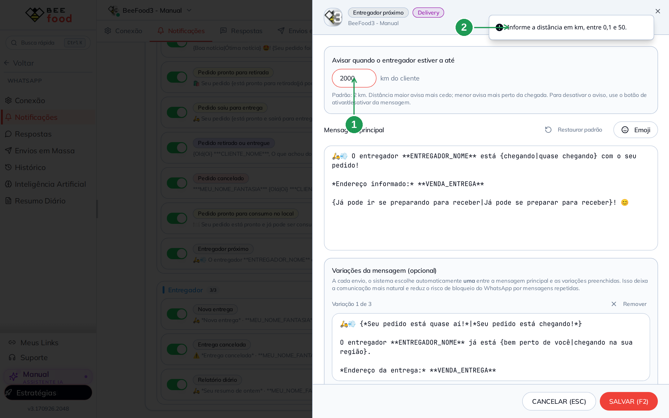 O aviso quando a distância não é válida