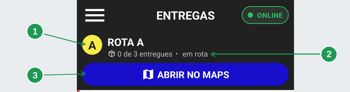 O cabeçalho da rota com a etiqueta em rota e o botão ABRIR NO MAPS