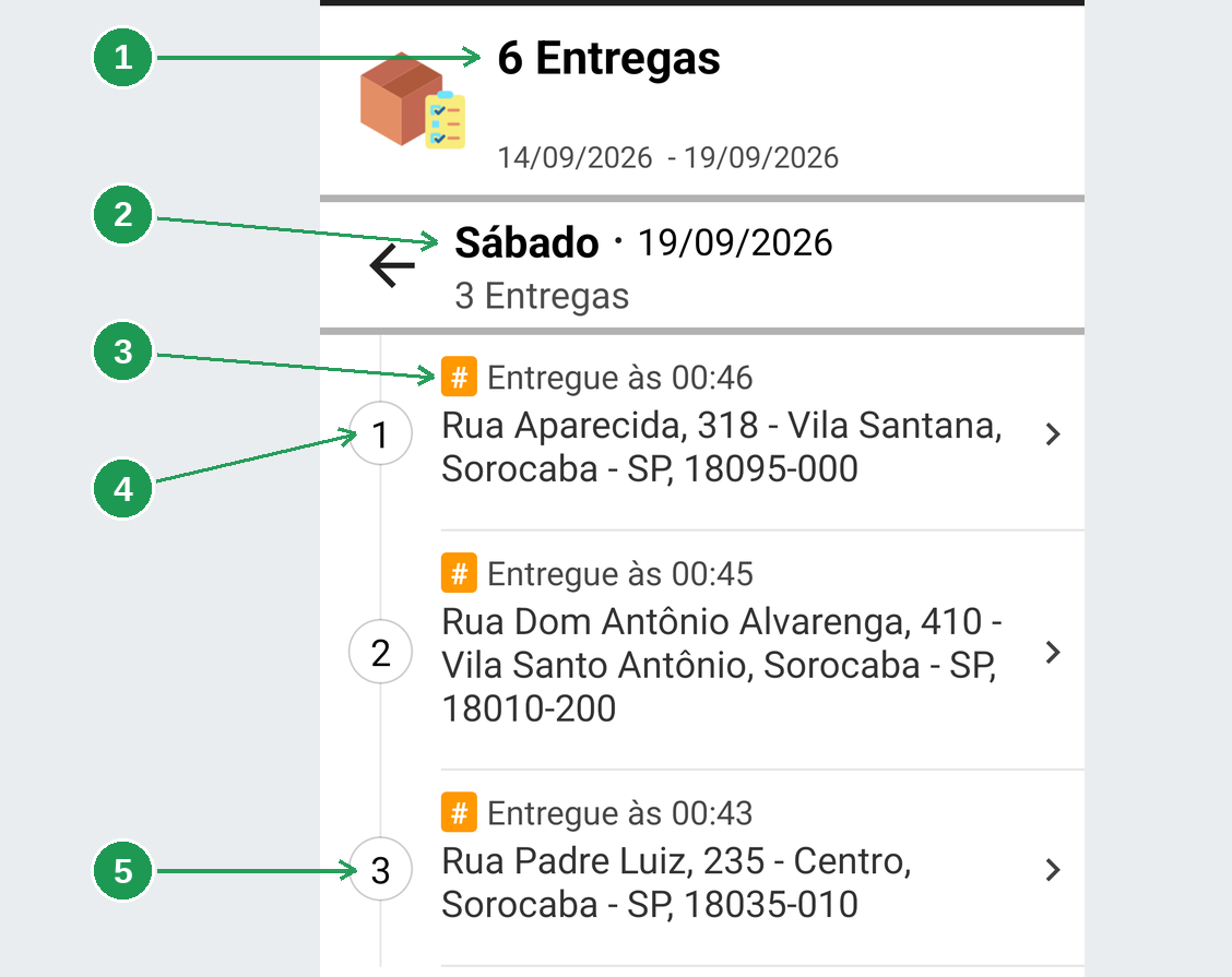 O Histórico do dia com as três entregas concluídas