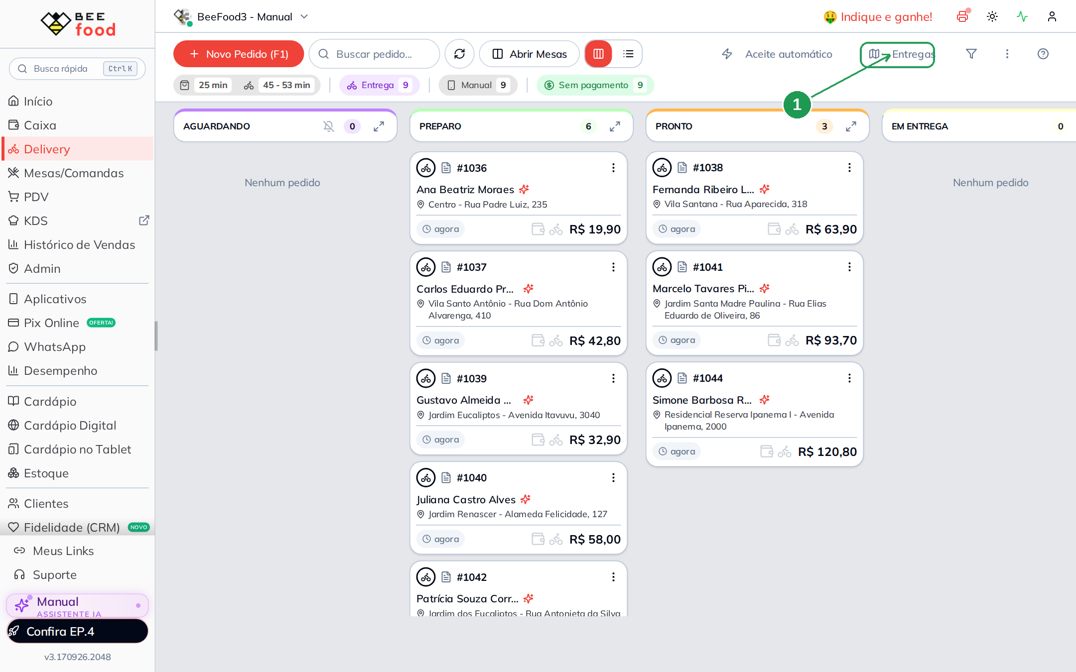 O botão Entregas na tela Delivery