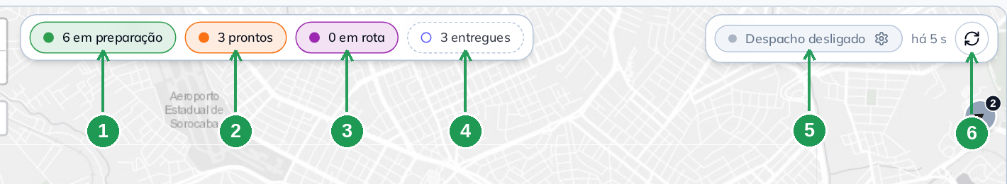 Os selos do topo da tela de Gestão de Entregas