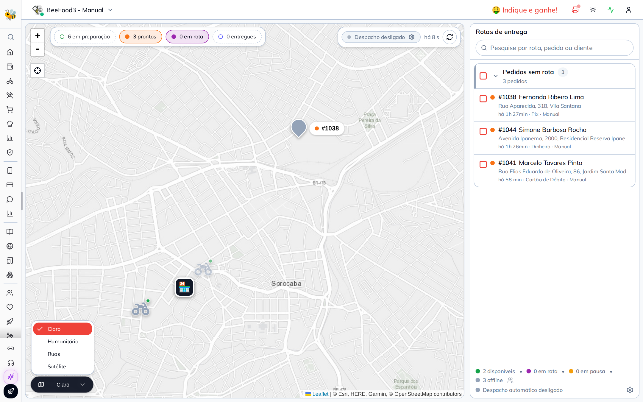 As quatro camadas do mapa: Claro, Ruas, Humanitário e Satélite
