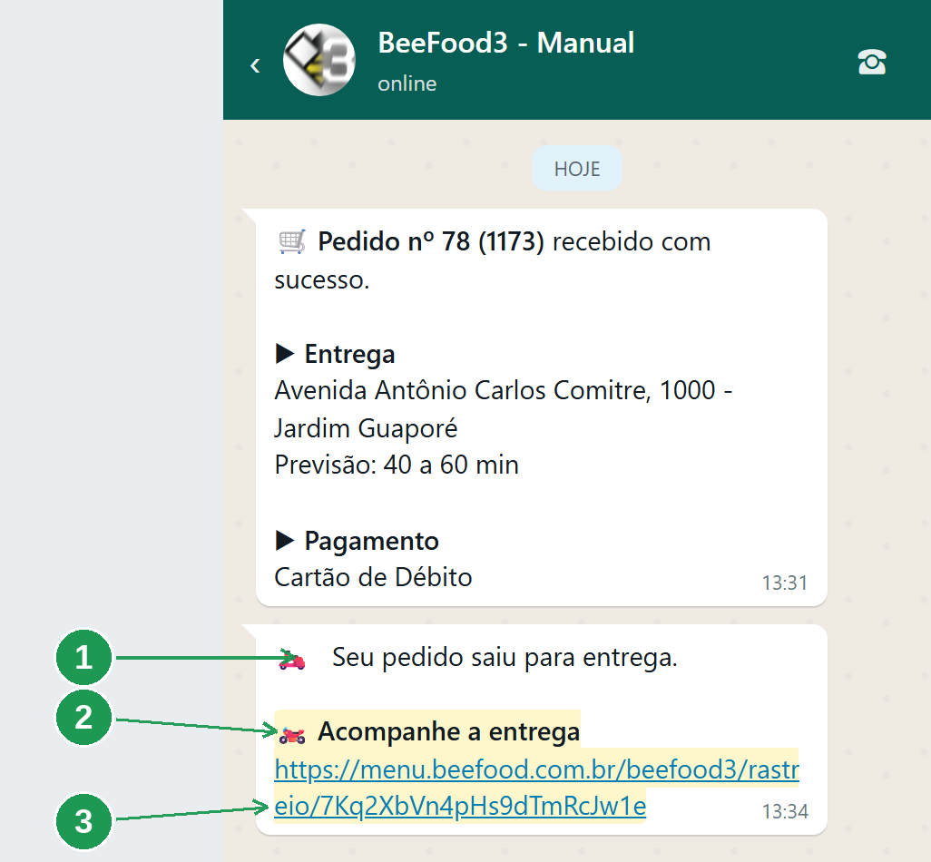A mensagem de saiu para entrega no WhatsApp do cliente, com o bloco Acompanhe a entrega e o link de acompanhamento