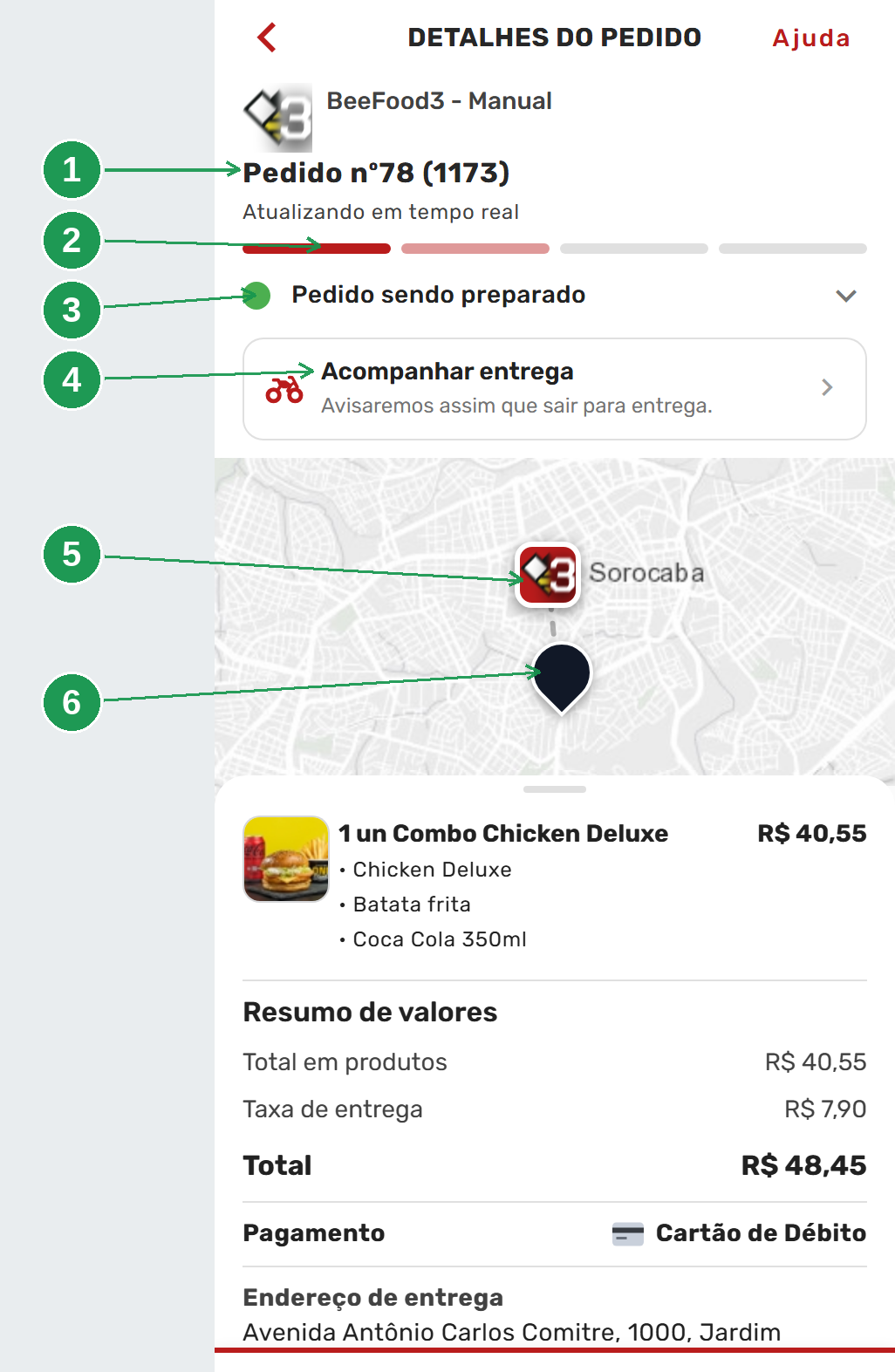 O pedido em preparo no celular do cliente: número, barra de etapas, estado, o aviso Avisaremos assim que sair para entrega e o mapa com a loja e o endereço