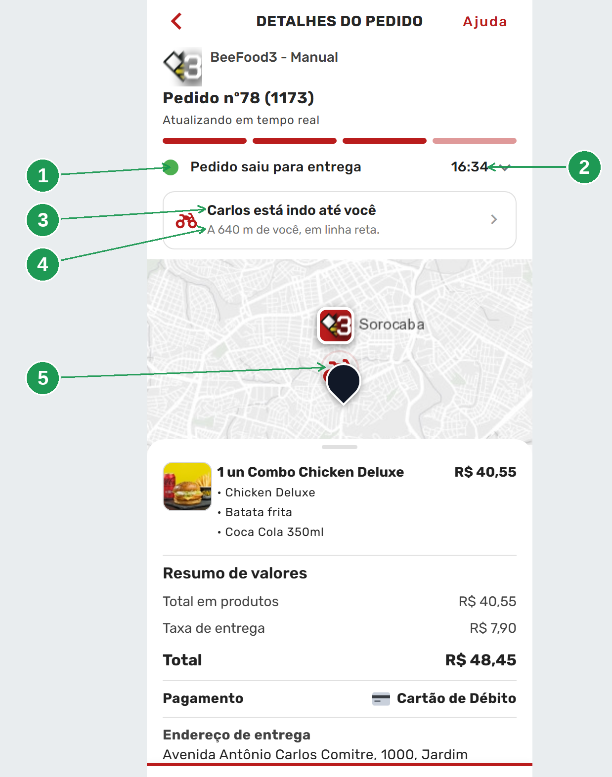 O pedido a caminho: o estado com a hora, o nome do entregador, a distância em linha reta e a moto no mapa