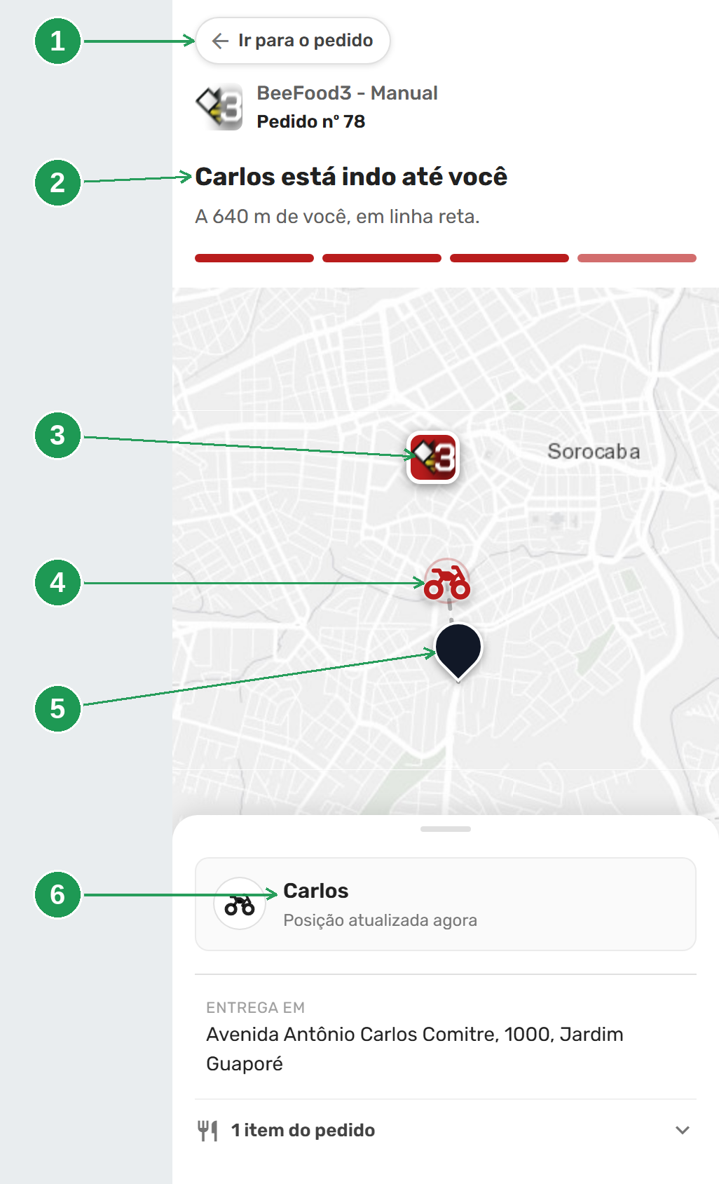 O acompanhamento em tela cheia no celular: Ir para o pedido, cabeçalho, os três pontos do mapa e a folha deslizante