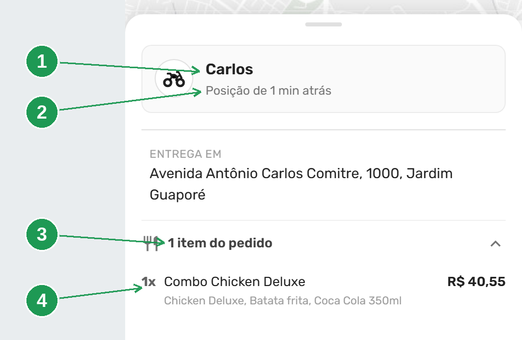 A folha de baixo com a lista de itens aberta, o nome do entregador e o horário da última posição