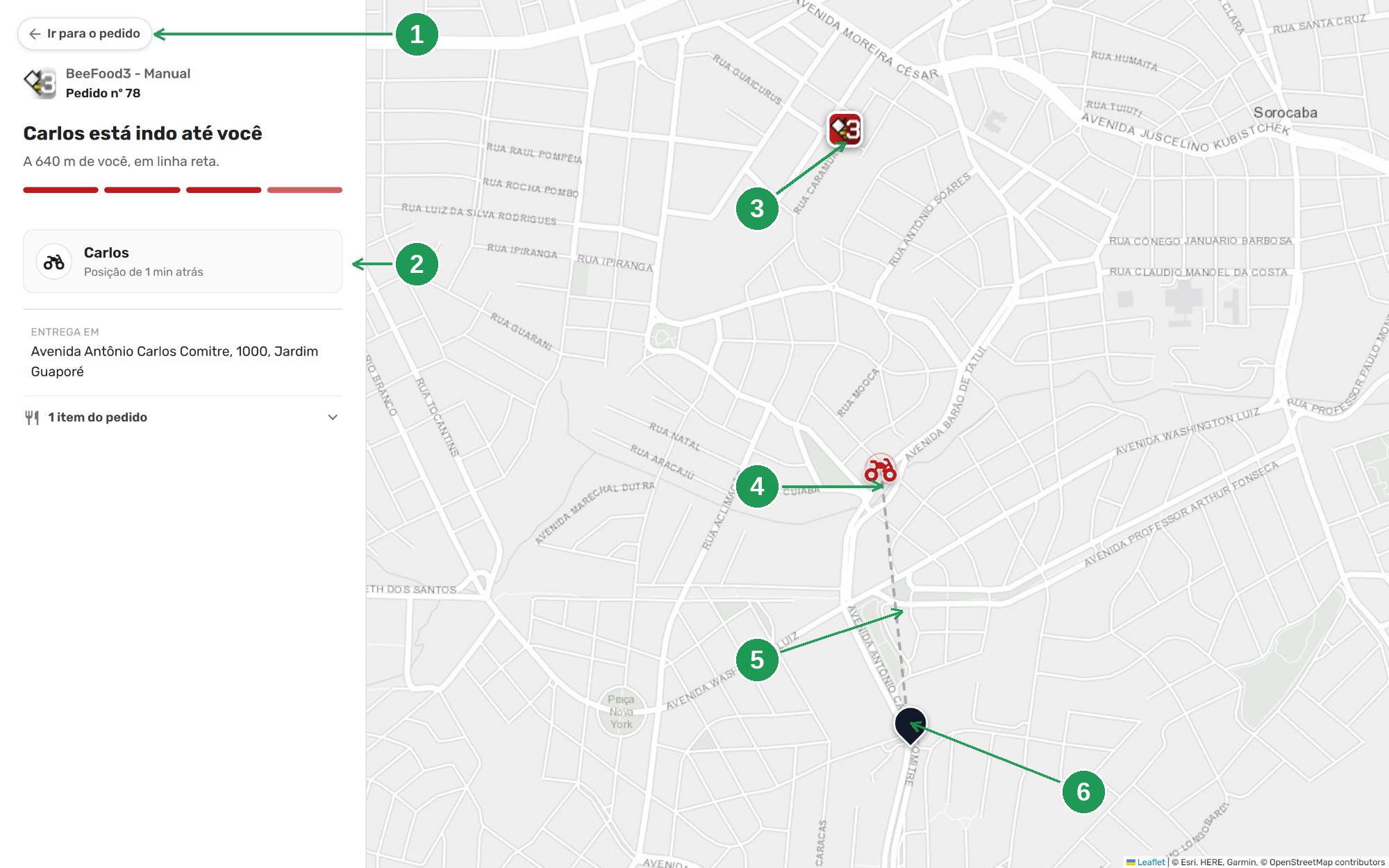 A mesma tela no computador: informações à esquerda, mapa à direita, e o traço pontilhado entre a moto e o destino