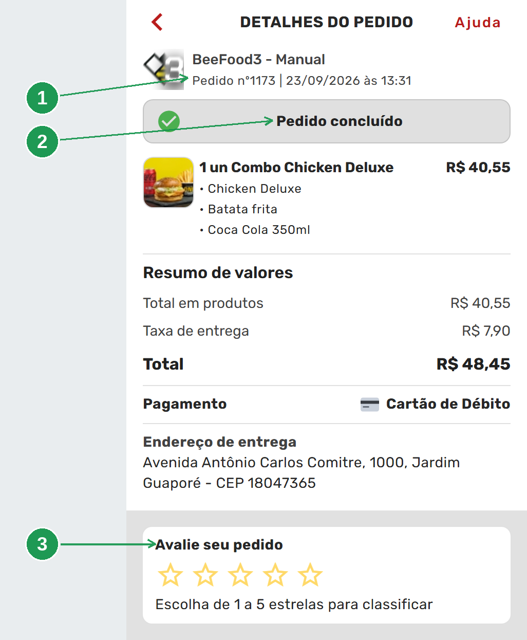 O pedido concluído: data e hora no cabeçalho, a faixa Pedido concluído e o convite para avaliar