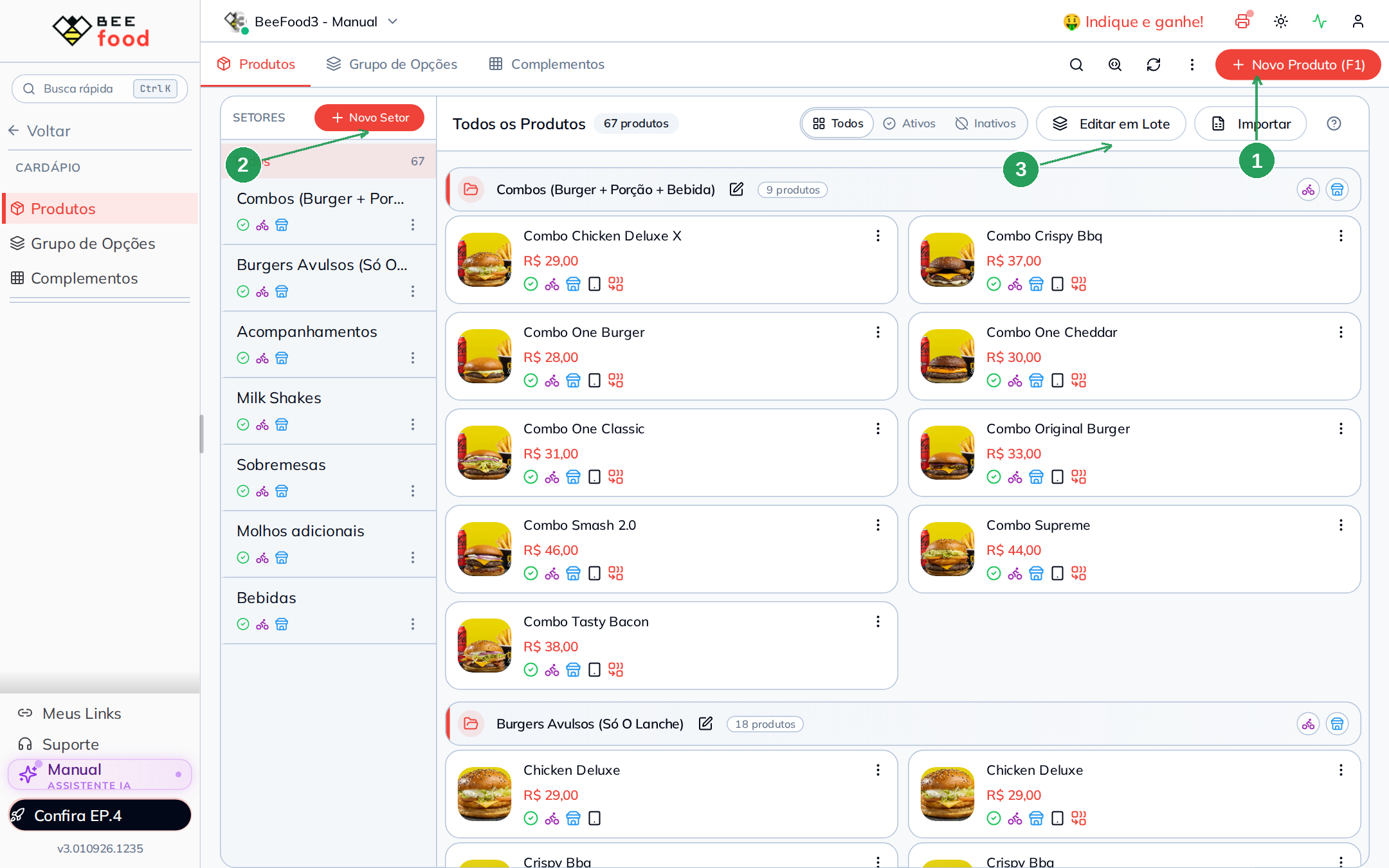 Lista do Cardápio com todas as permissões ligadas