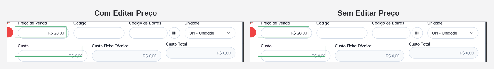 Comparação de Preço de Venda e Custo com e sem a permissão Editar Preço