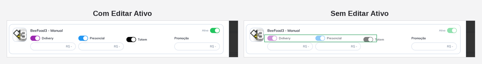 Comparação da aba Cardápios com e sem a permissão Editar Ativo