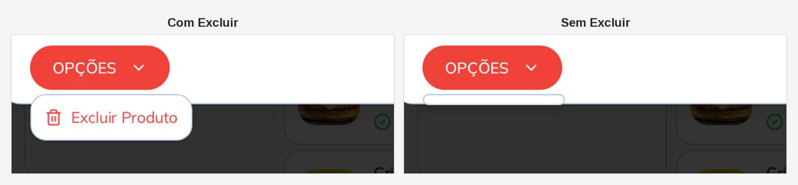 Comparação do menu OPÇÕES com e sem a permissão Excluir