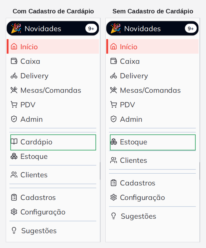 Comparação do menu lateral com e sem a permissão Cadastro de Cardápio
