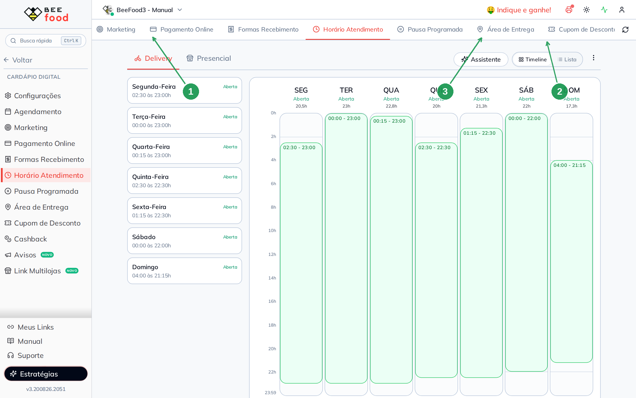 Tela de Horário de Atendimento na visualização Timeline antes da configuração