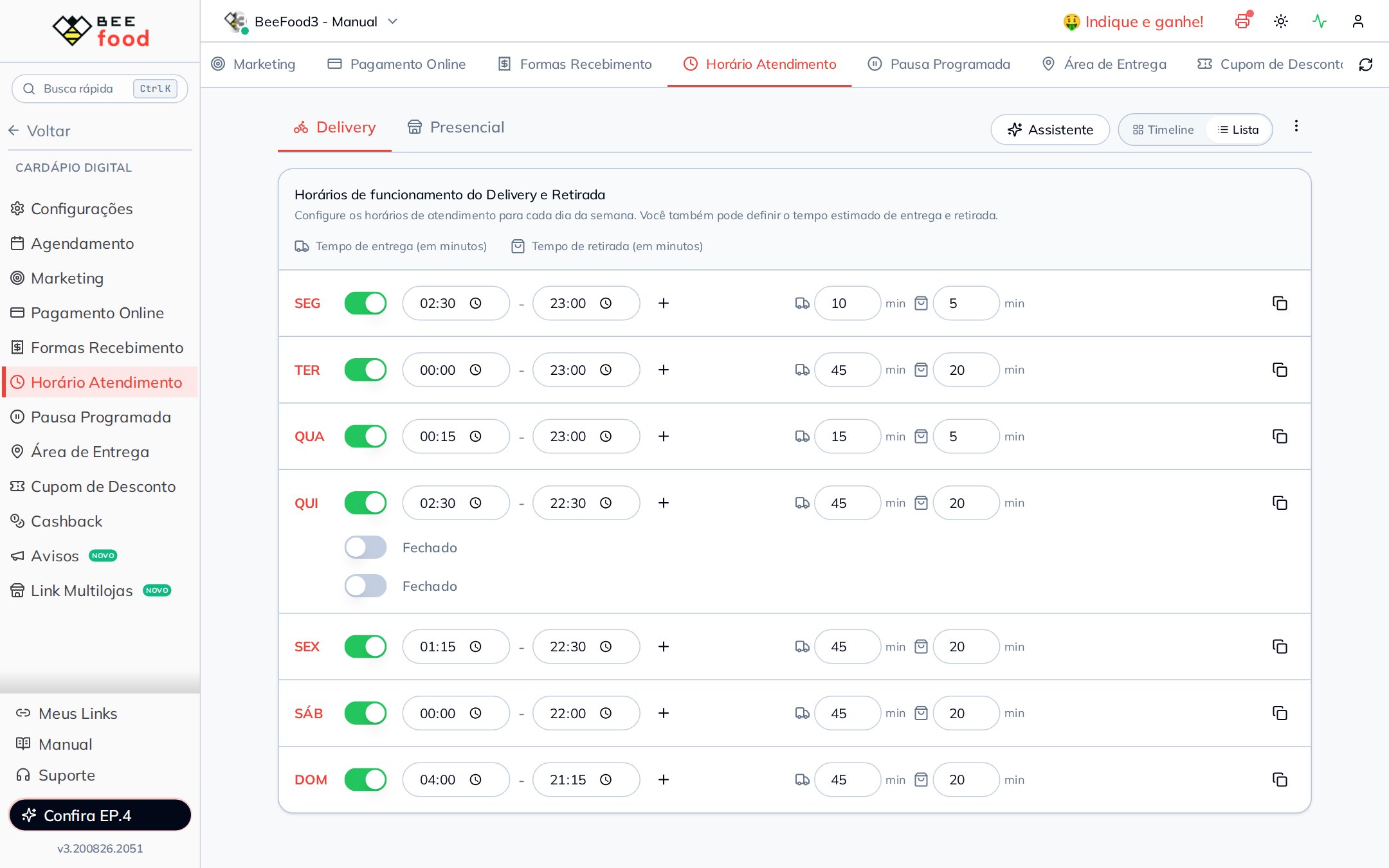 Tela de Horário de Atendimento na visualização Lista antes da configuração