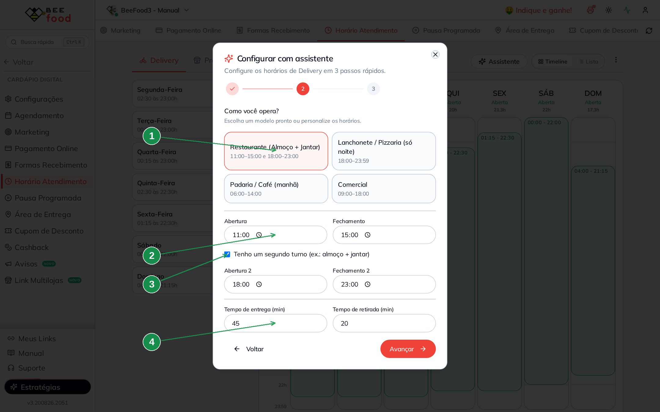 Passo 2 do Assistente de Horário com modelos prontos e campos de configuração