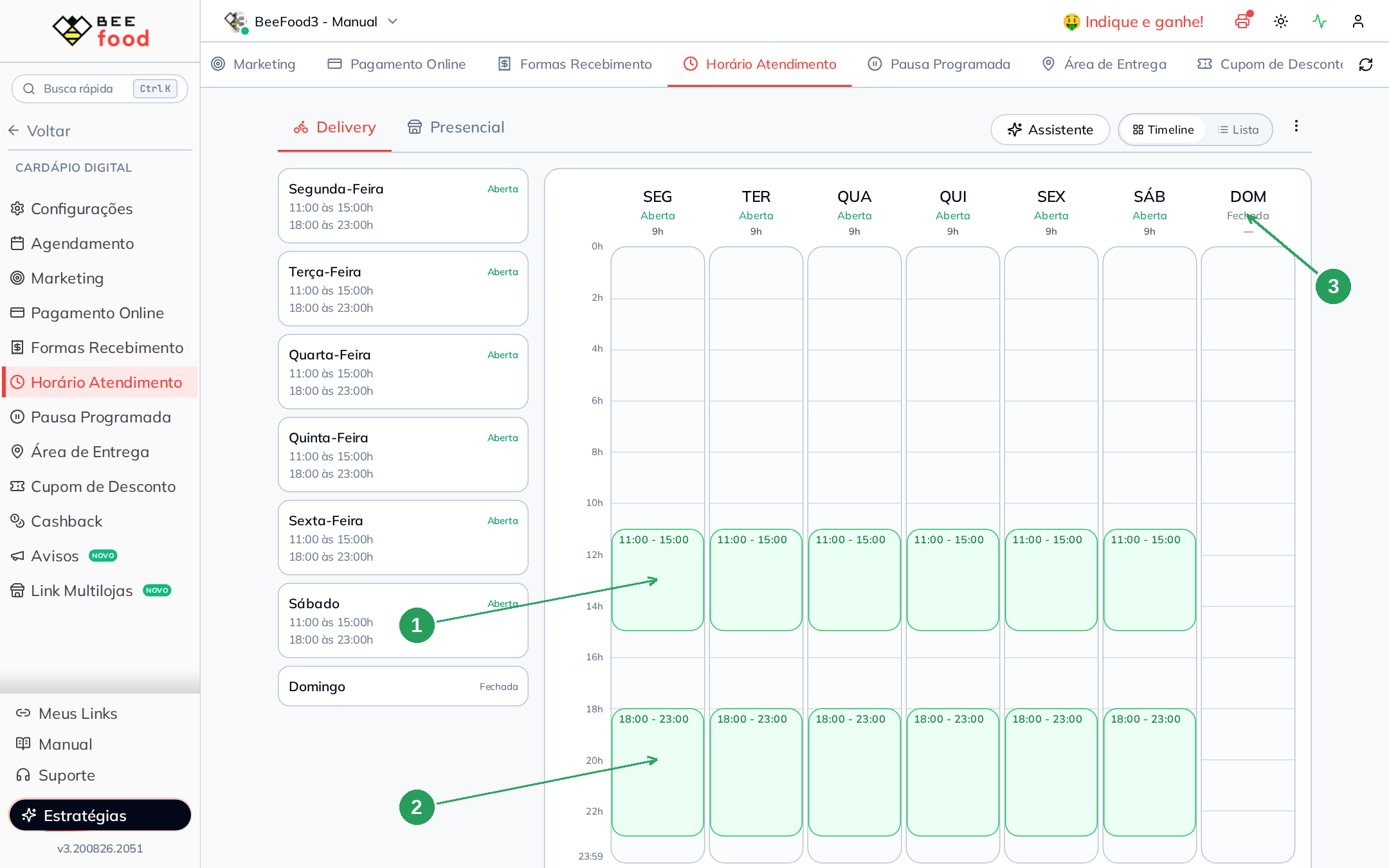 Visualização Timeline após configurar os horários de atendimento