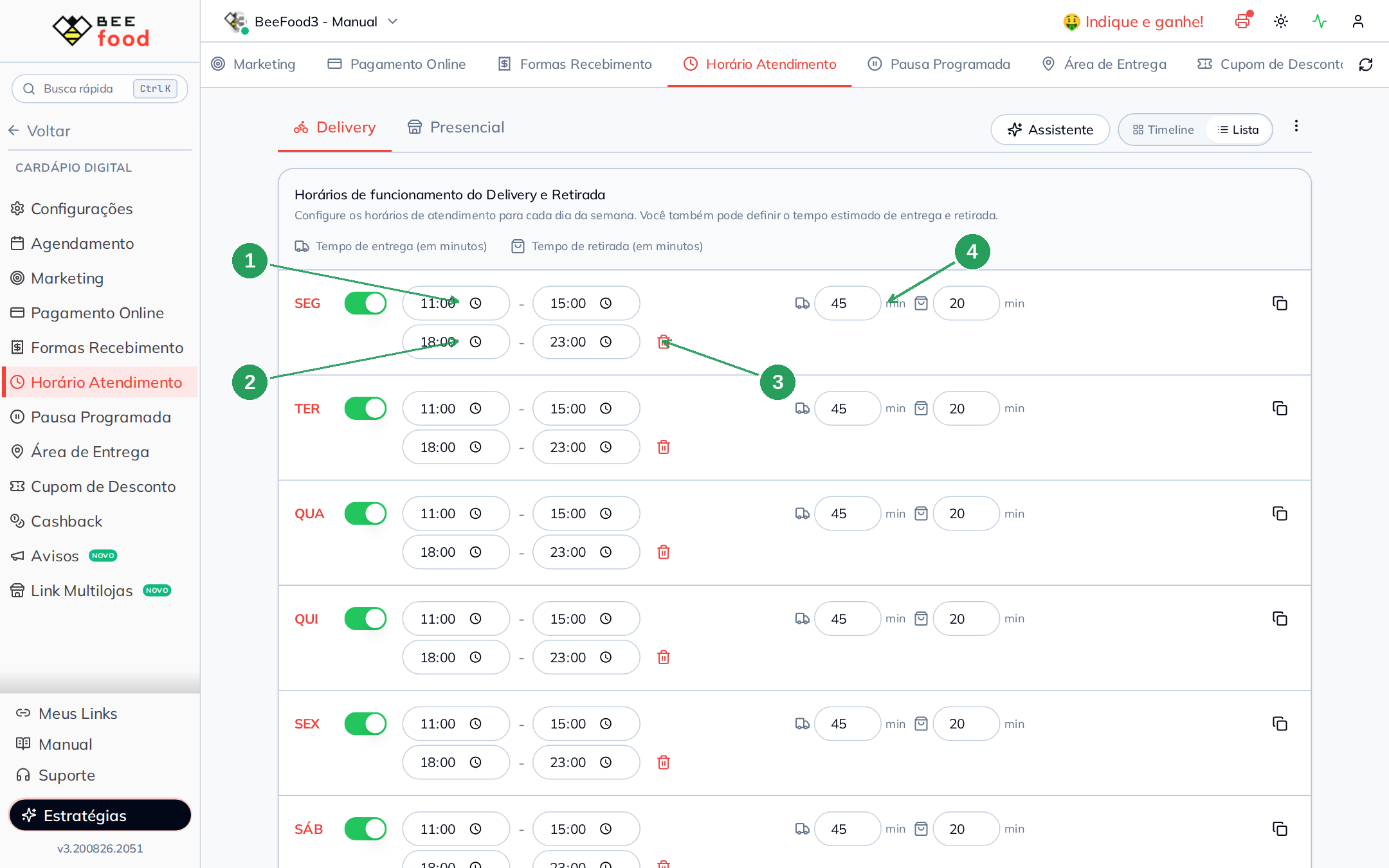 Visualização Lista com dois turnos configurados no mesmo dia