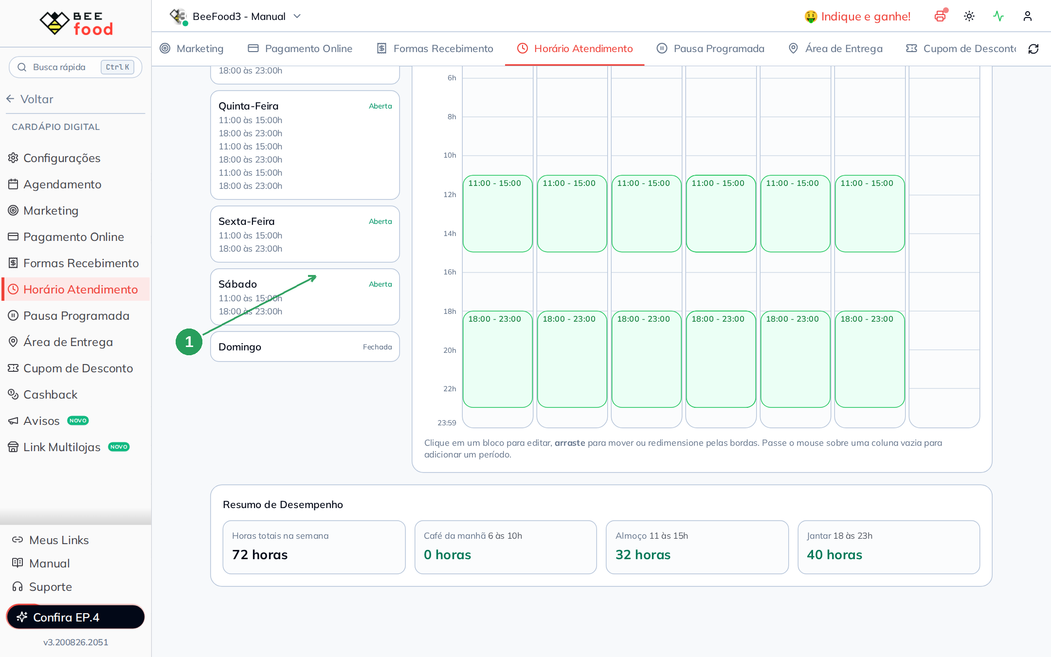 Resumo semanal dos horários de atendimento configurados