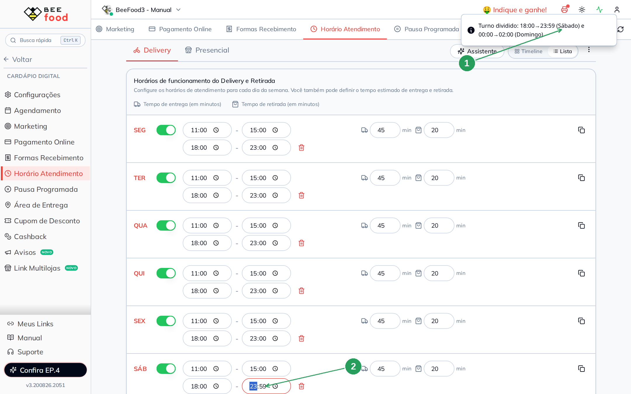 Aviso informando que um turno foi dividido automaticamente entre um dia e o seguinte
