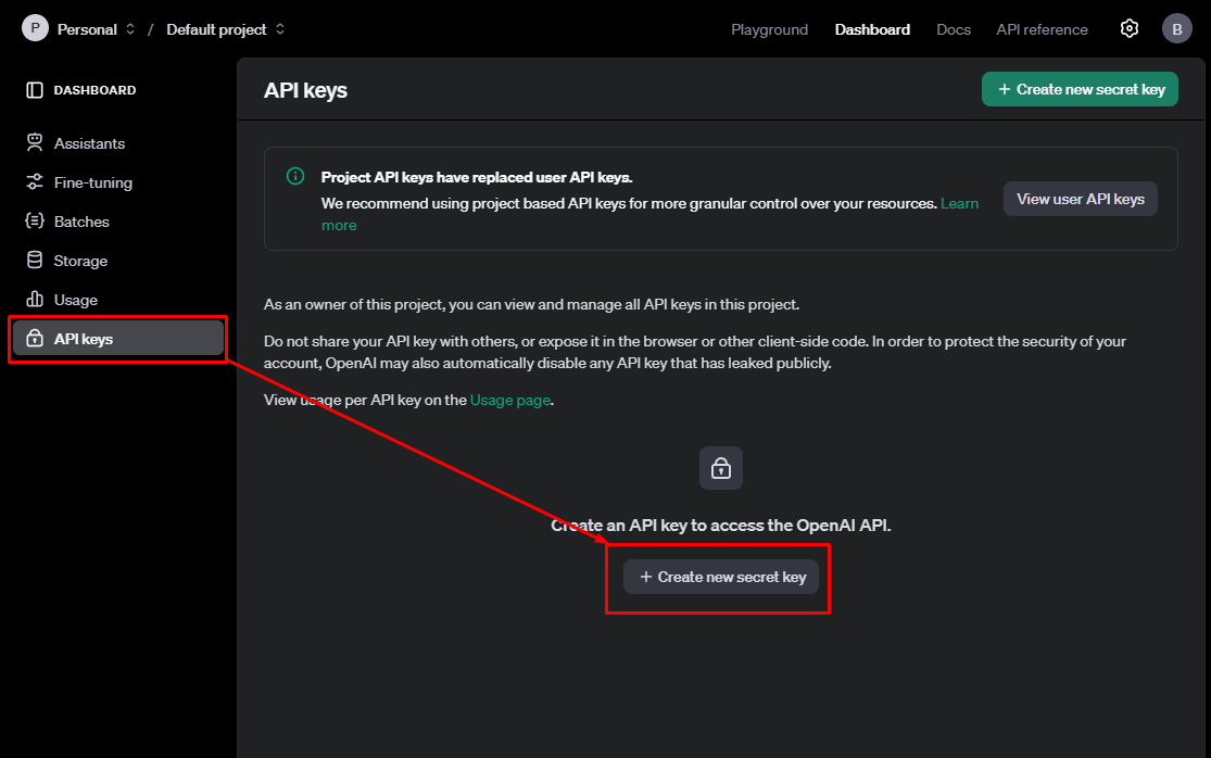 Tela de API keys da OpenAI