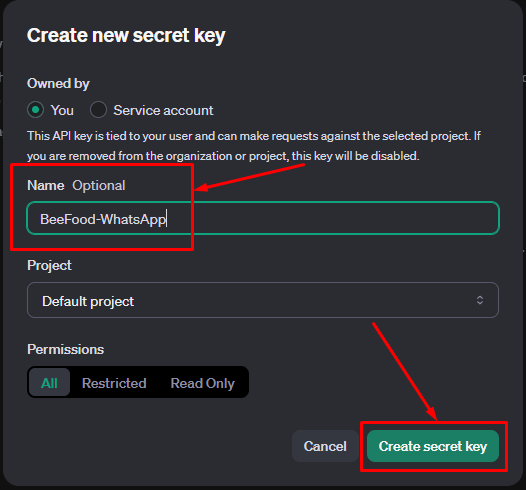 Tela para criar e nomear uma chave secreta na OpenAI