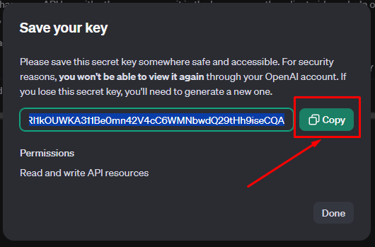Tela para copiar a chave secreta da OpenAI