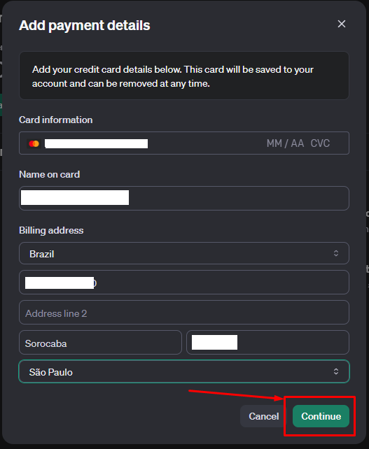 Tela para cadastrar cartão e endereço na OpenAI