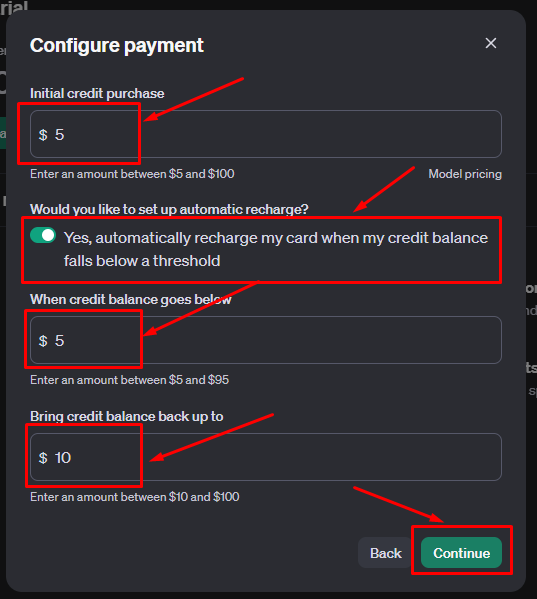 Tela para configurar créditos e recarga automática na OpenAI