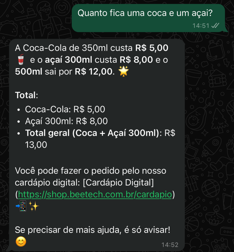Exemplo de conversa entre cliente e IA do restaurante no WhatsApp