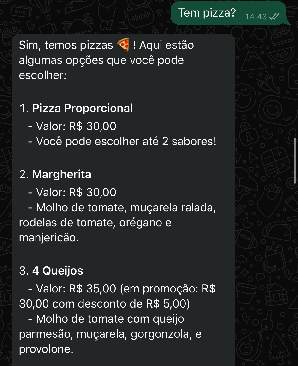 Segundo exemplo de conversa entre cliente e IA do restaurante no WhatsApp