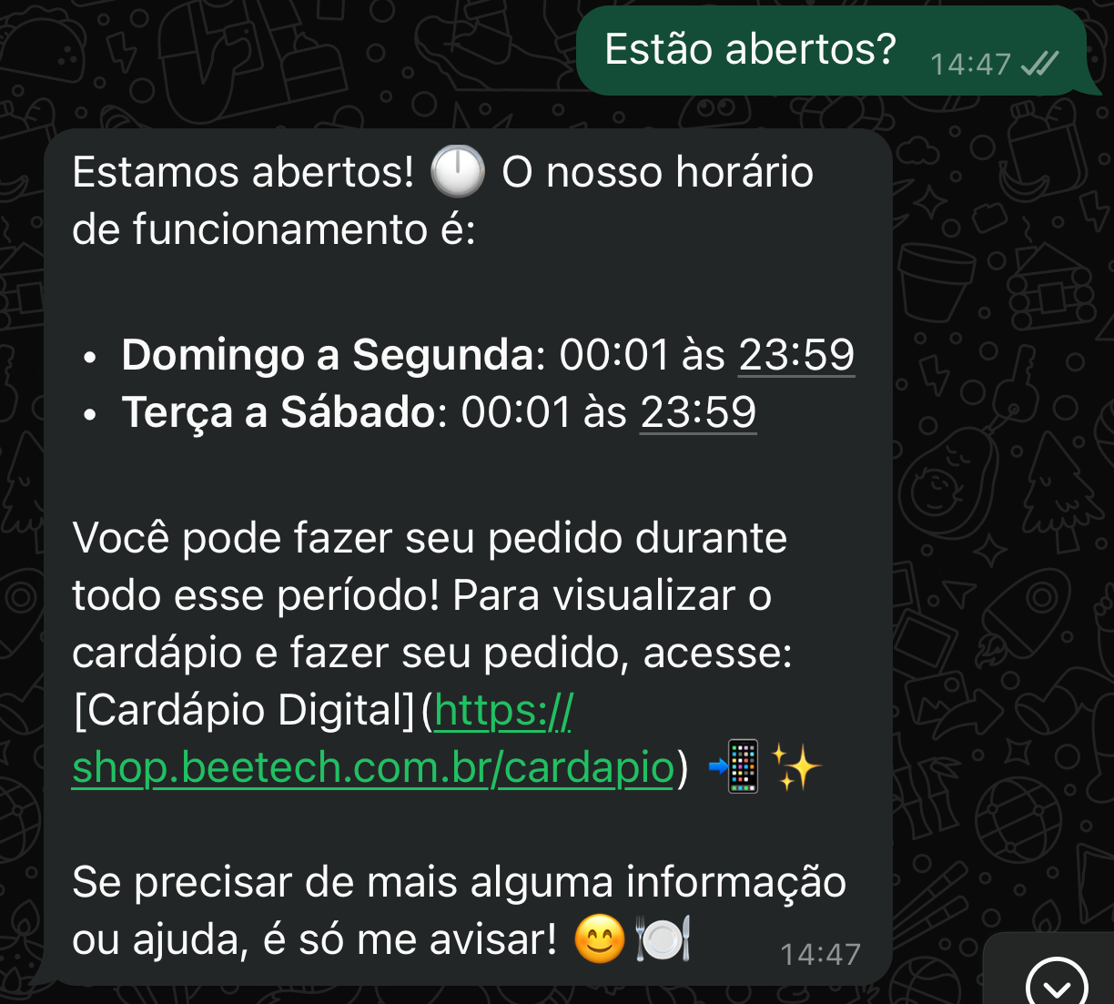 Terceiro exemplo de conversa entre cliente e IA do restaurante no WhatsApp