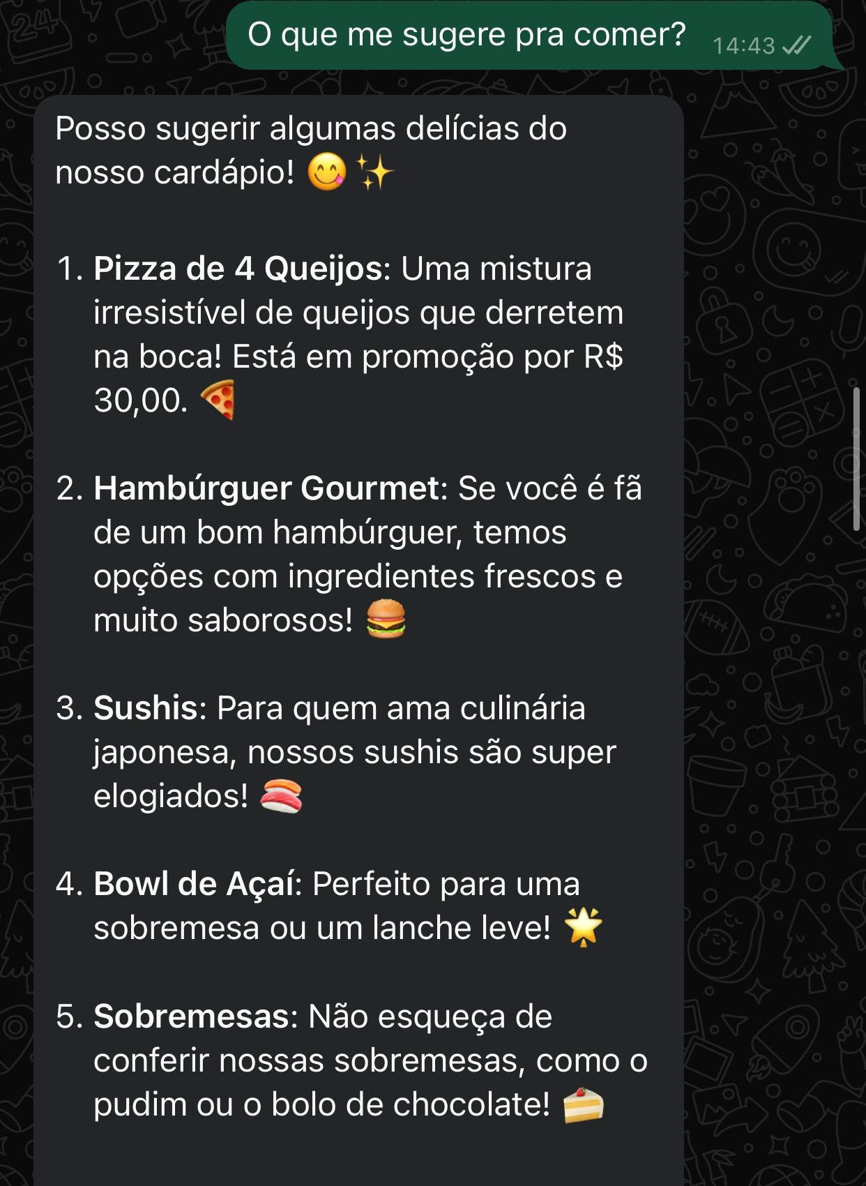 Quarto exemplo de conversa entre cliente e IA do restaurante no WhatsApp