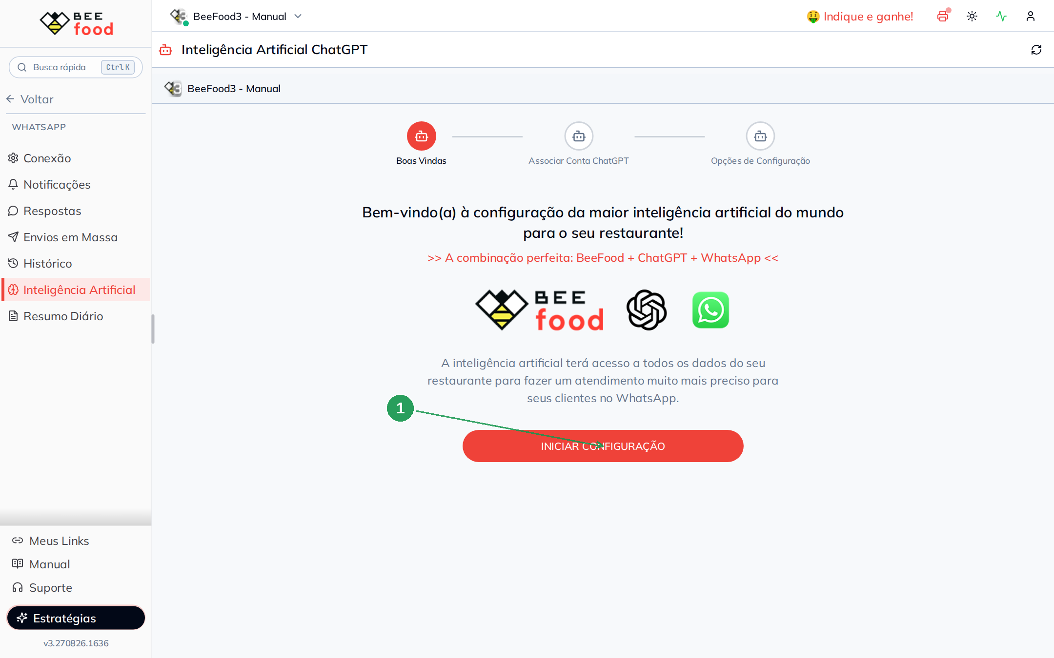 Tela de boas-vindas da configuração da Inteligência Artificial