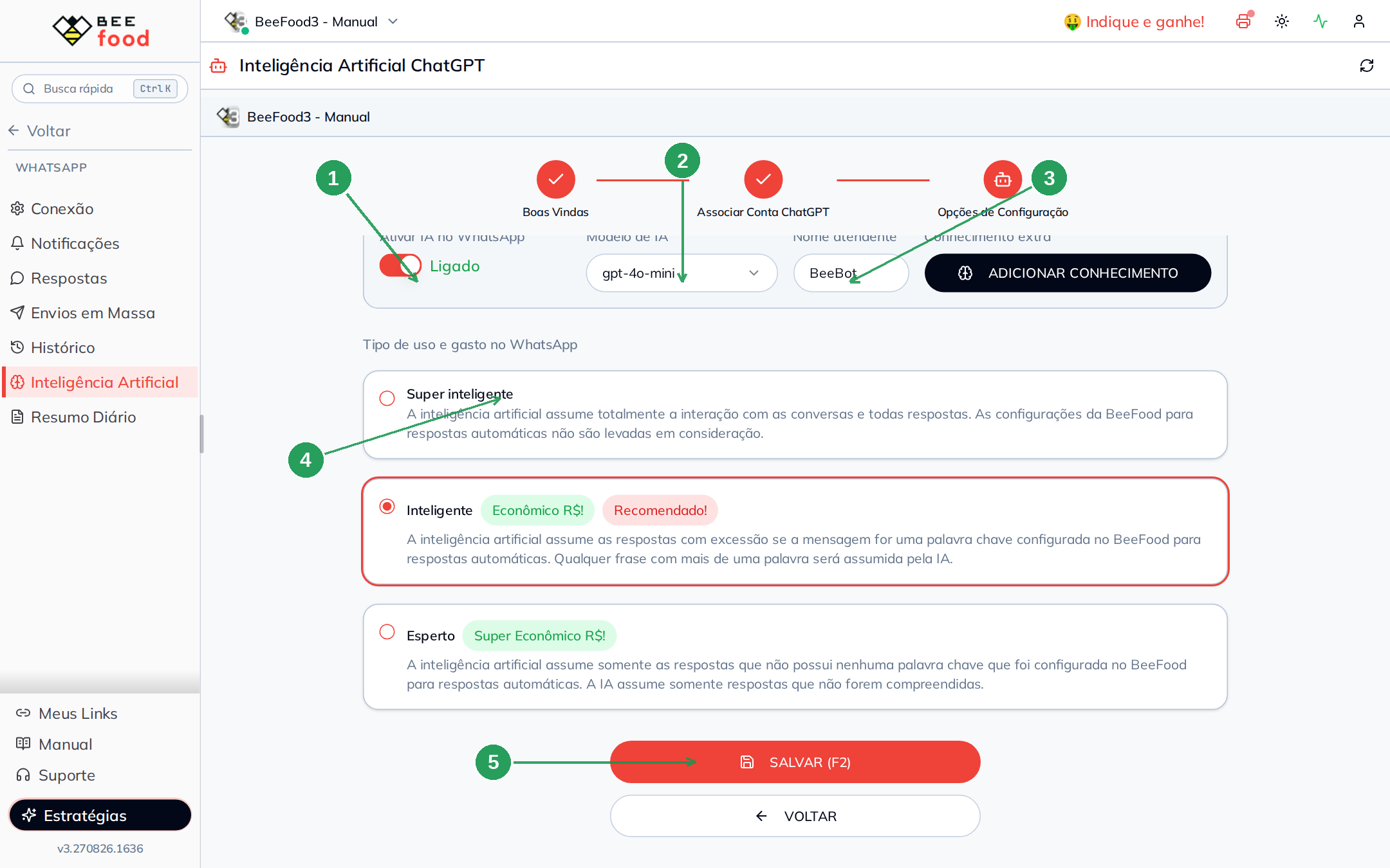 Tela de opções de configuração da Inteligência Artificial no BeeFood