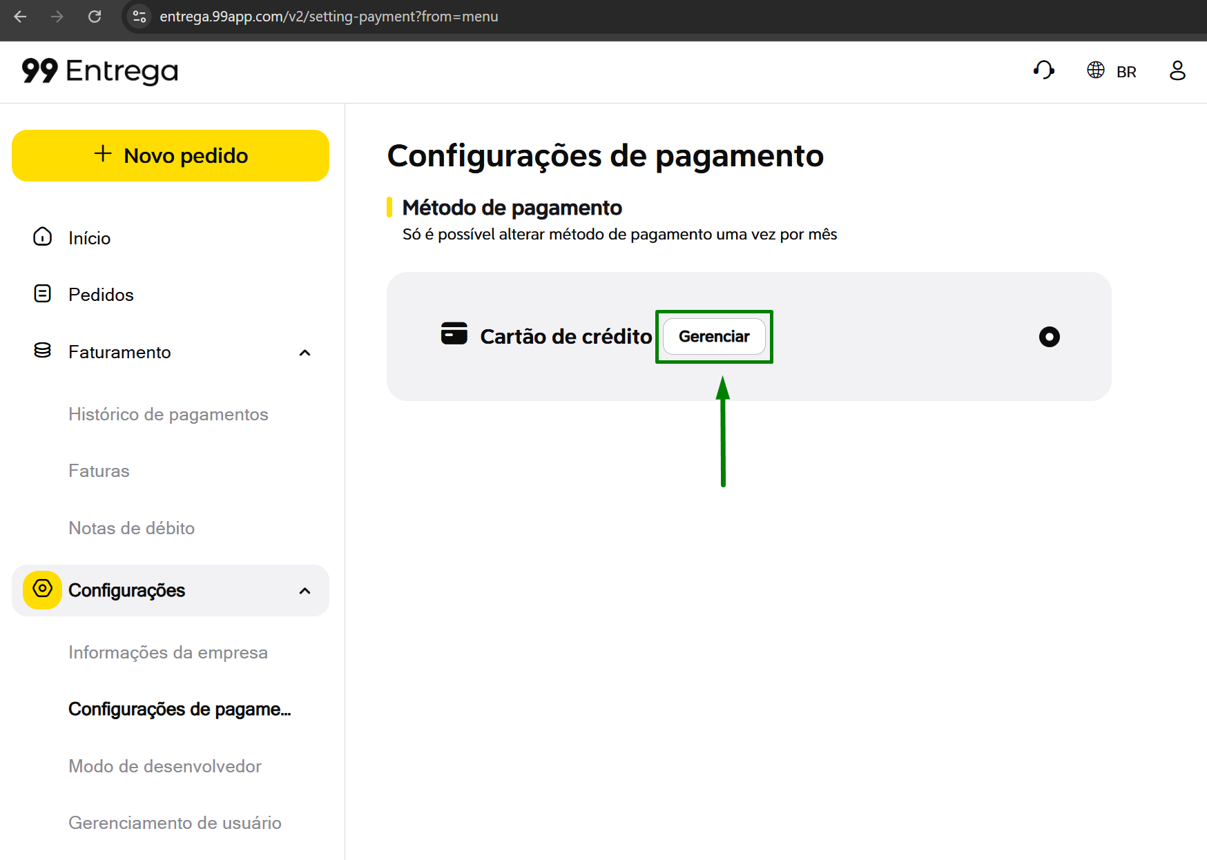 Gerenciar método de pagamento