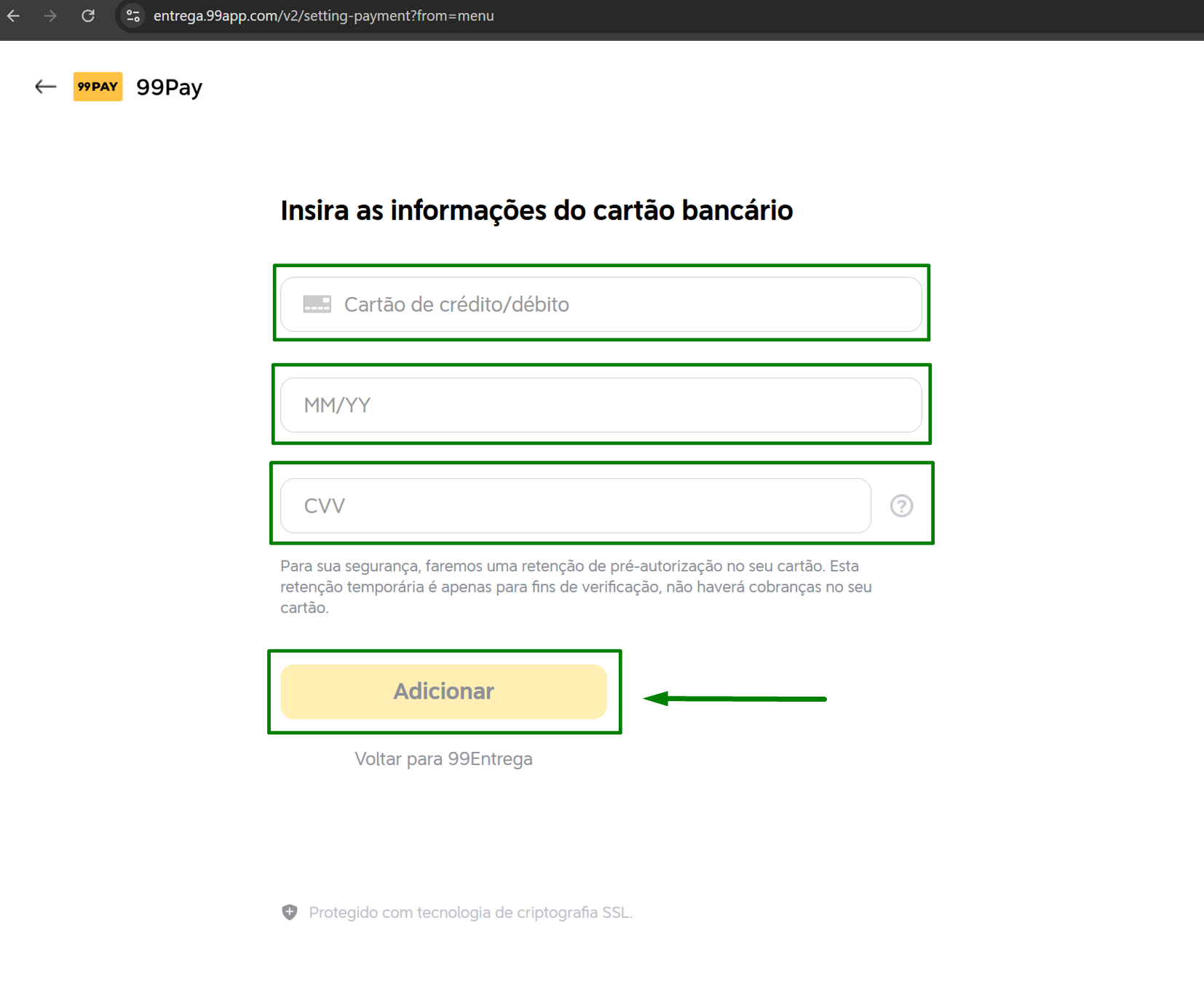 Preencher dados do cartão