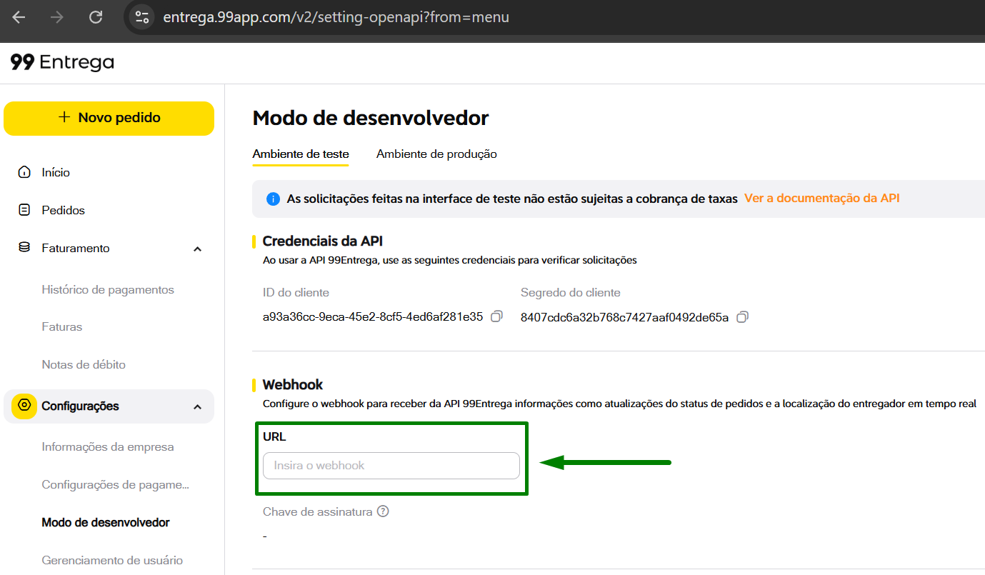Cadastro do webhook na 99
