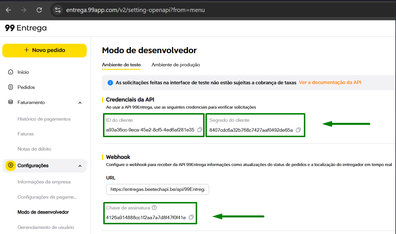 99 Entrega — webhook cadastrado
