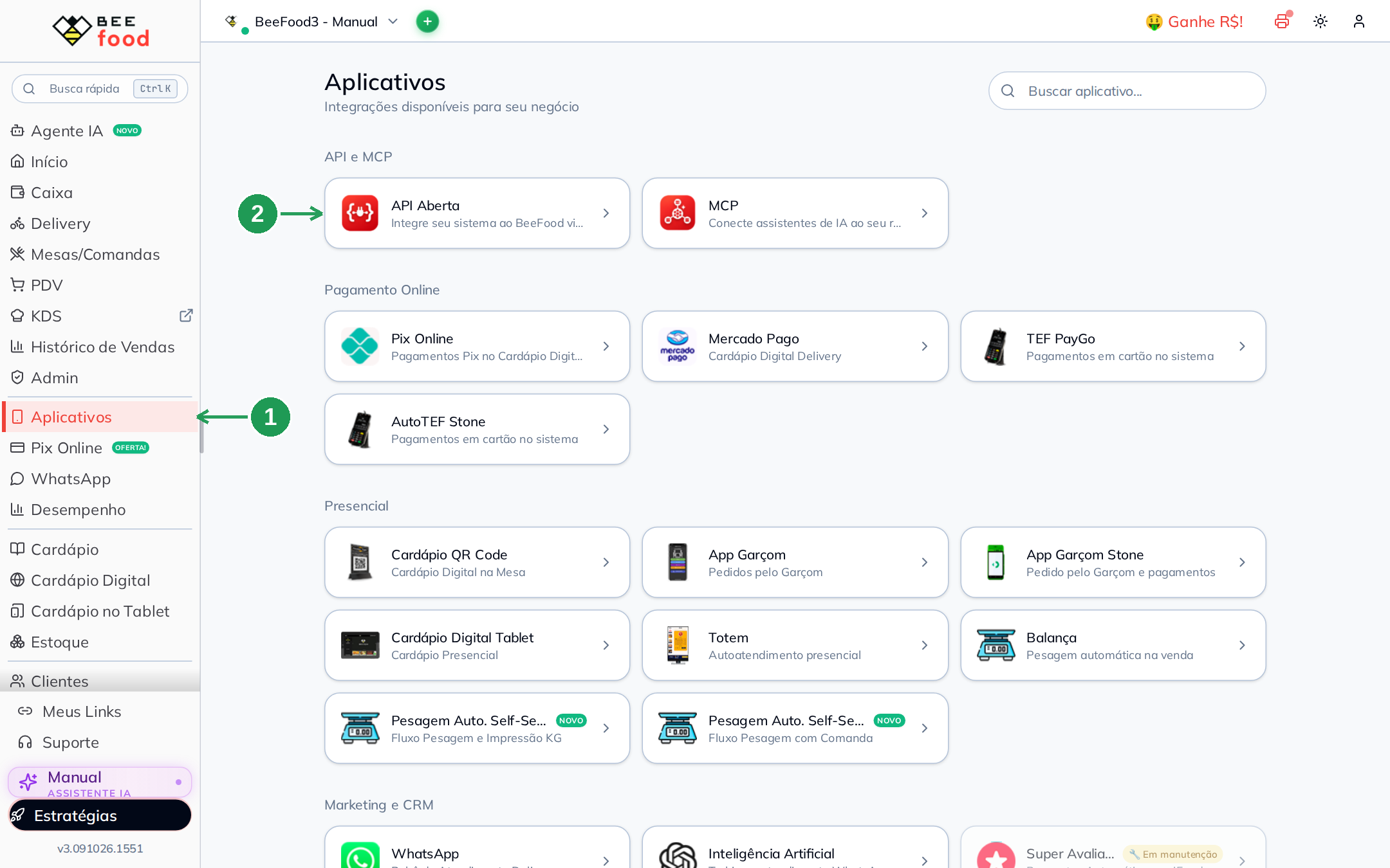 Menu Aplicativos do BeeFood com o card API Aberta