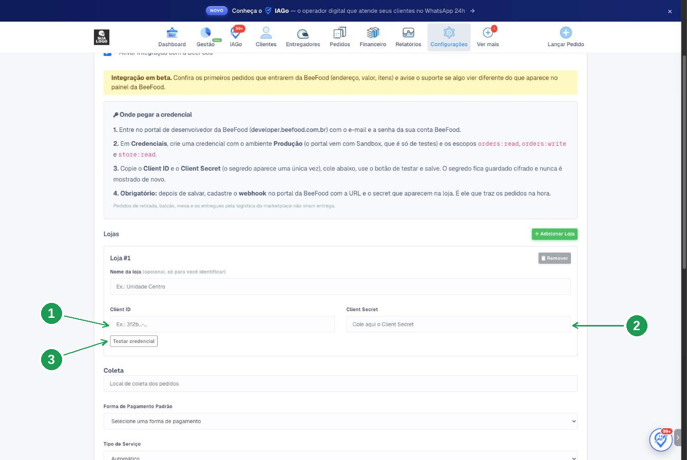 Formulário do Entregas Expressas para colar e testar a credencial do BeeFood