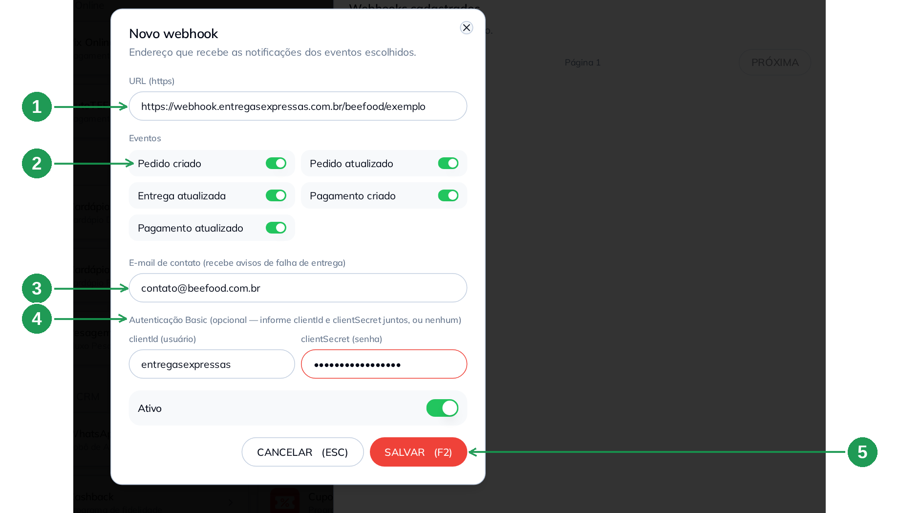 Formulário de novo webhook da API Aberta no BeeFood