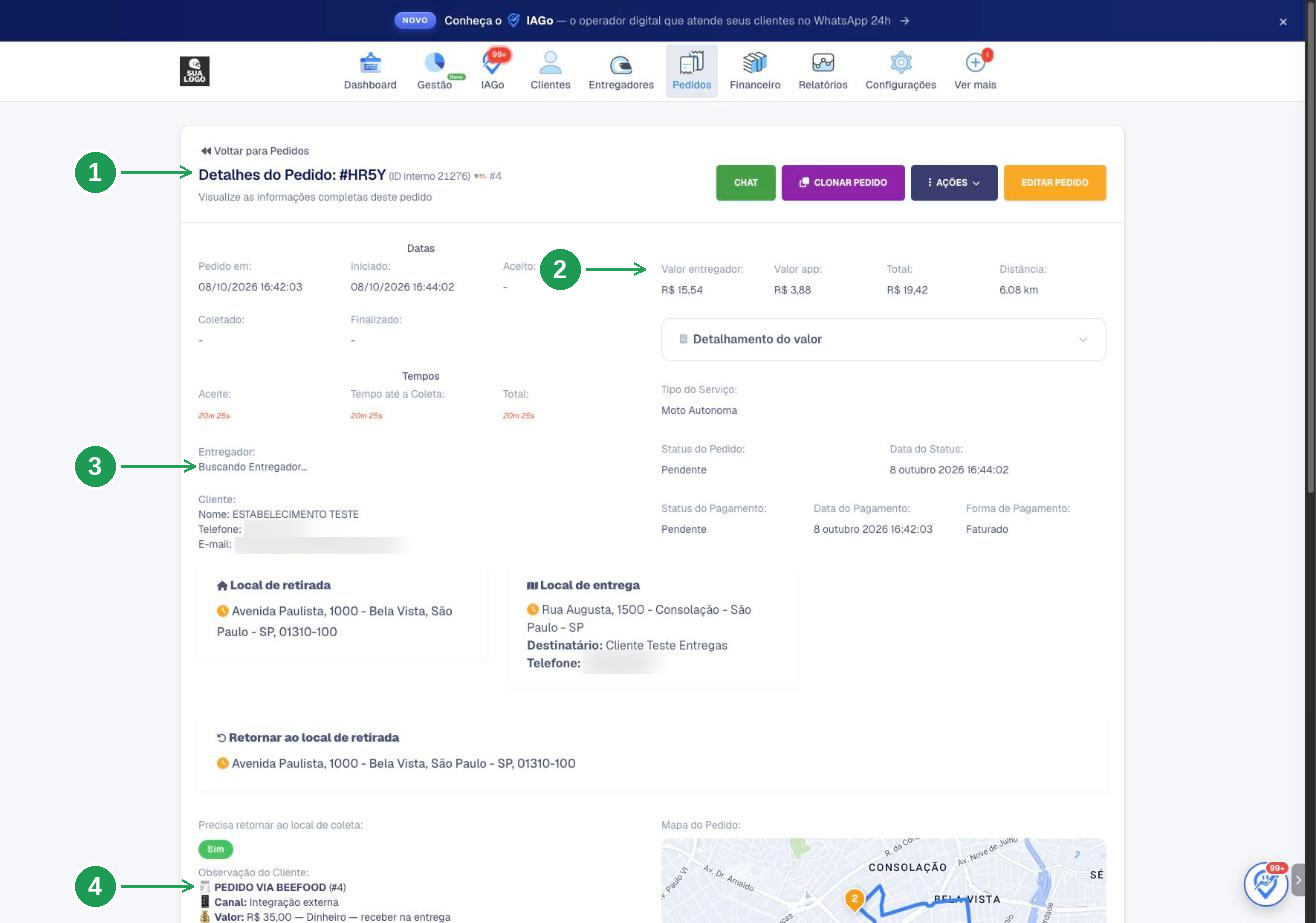 Pedido enviado pelo BeeFood aparecendo no painel do Entregas Expressas