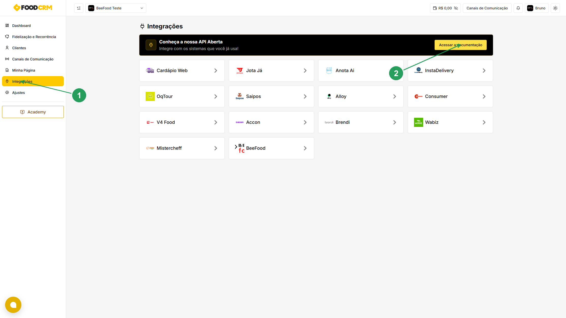 Tela do FoodCRM no menu Integrações com o bloco Conheça a nossa API Aberta e o botão Acessar a documentação destacados